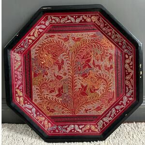 Chinese Asian Red Lacquerware tray Birds Animals Fish hand carved black wood 16”